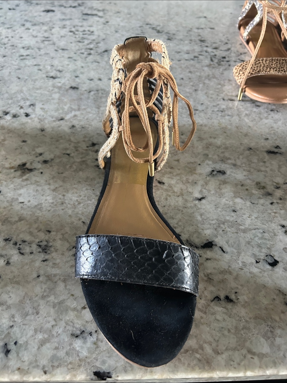 Dolce Vita Black and Tan Braided Lace-Up Heeled Sandals